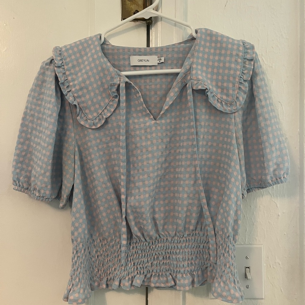 Greylin Pastel Blue and Pink Checkered Blouse